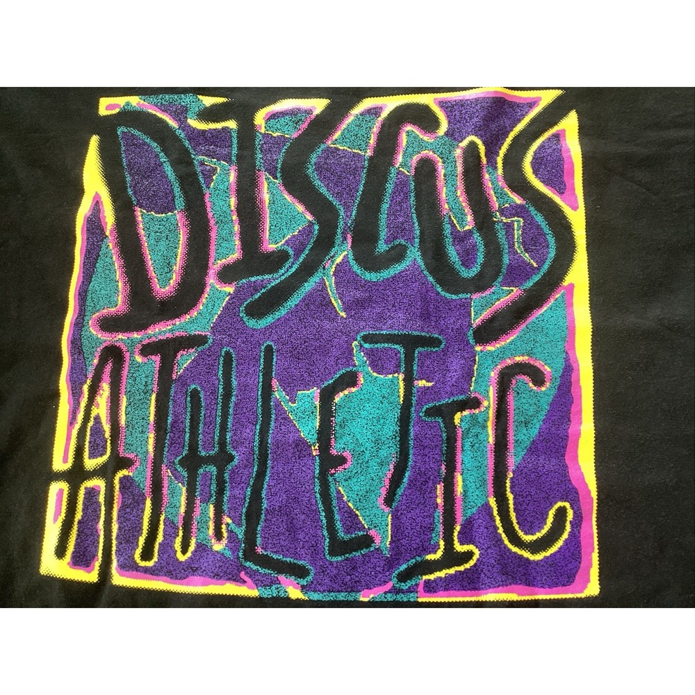 Vintage Discus Athletic Shirt Mens Black Cotton Crew Neck Spellout Neon 90s 2XL